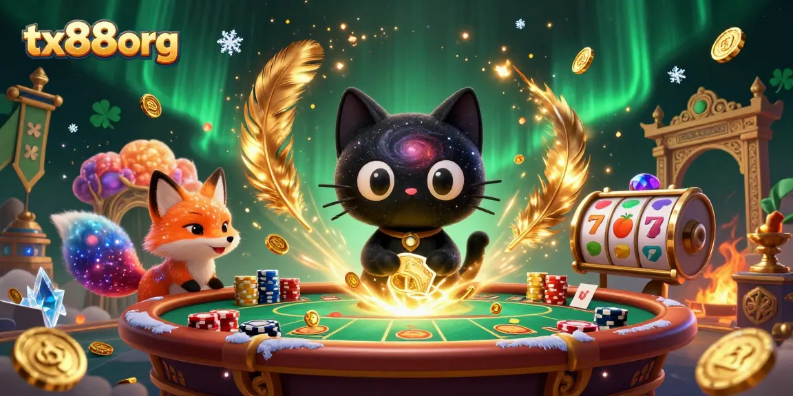Experience thrilling gaming with tx88org as a black hole cat pulls in chips and cards amidst vibrant casino elements.