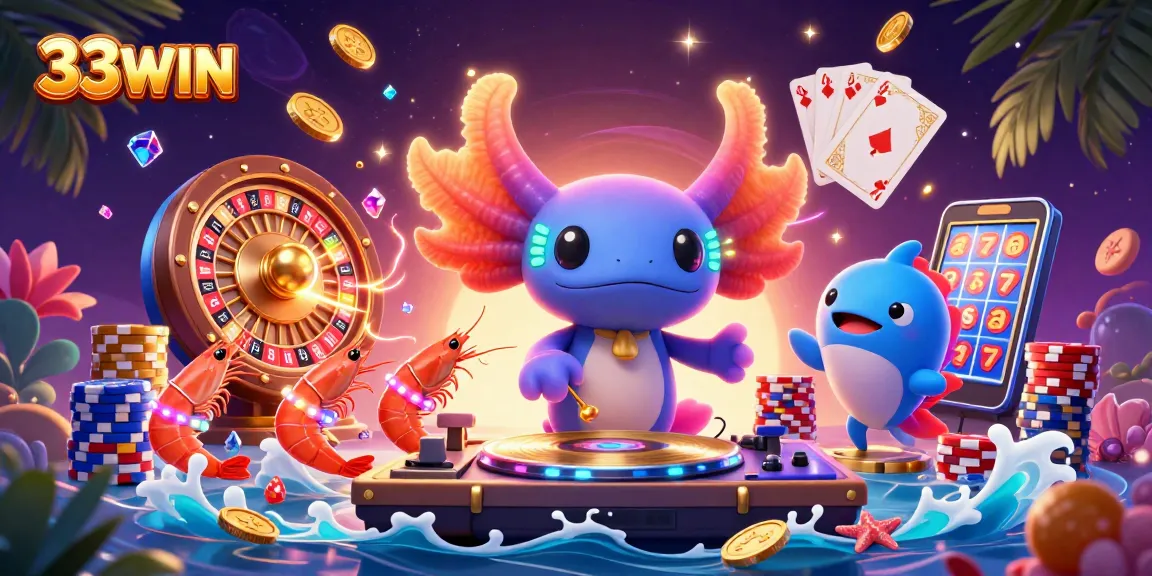 Engage in thrilling casino fun with 33WIN's vibrant casino scene featuring dynamic characters and elements.