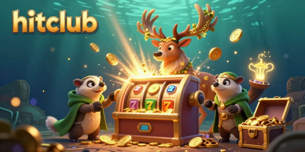 Spin and win big at hitclub with vibrant slot machine, druid stag, and treasure overflowing.