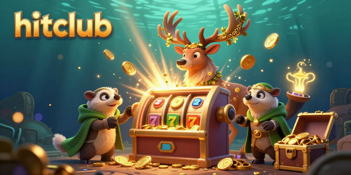 Spin and win big at hitclub with vibrant slot machine, druid stag, and treasure overflowing.