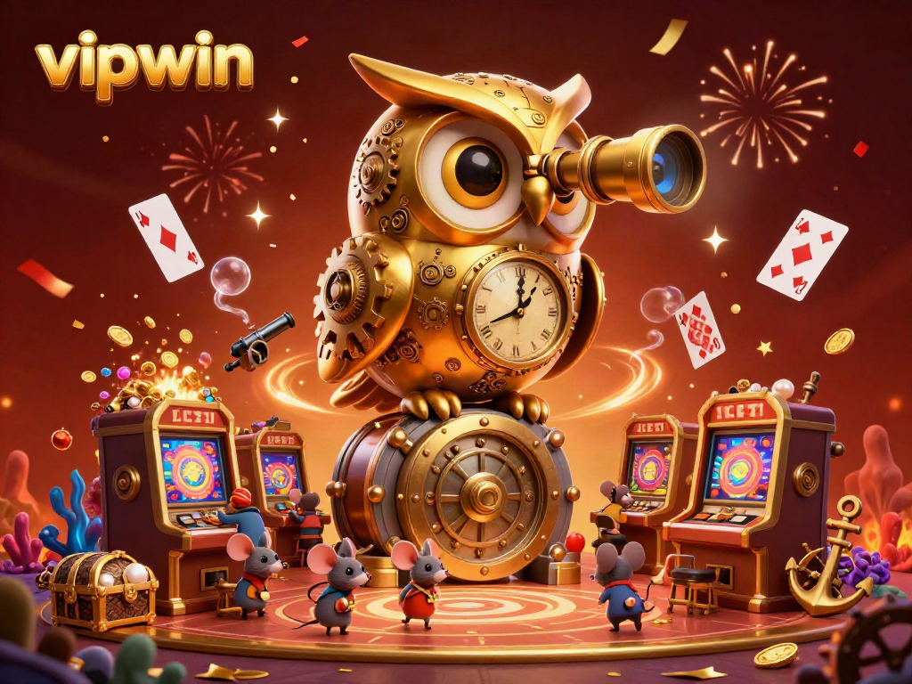 Experience thrilling wins at vipwin with a captivating 3D illustration featuring a golden owl and cartoon mice in a vibrant casino.