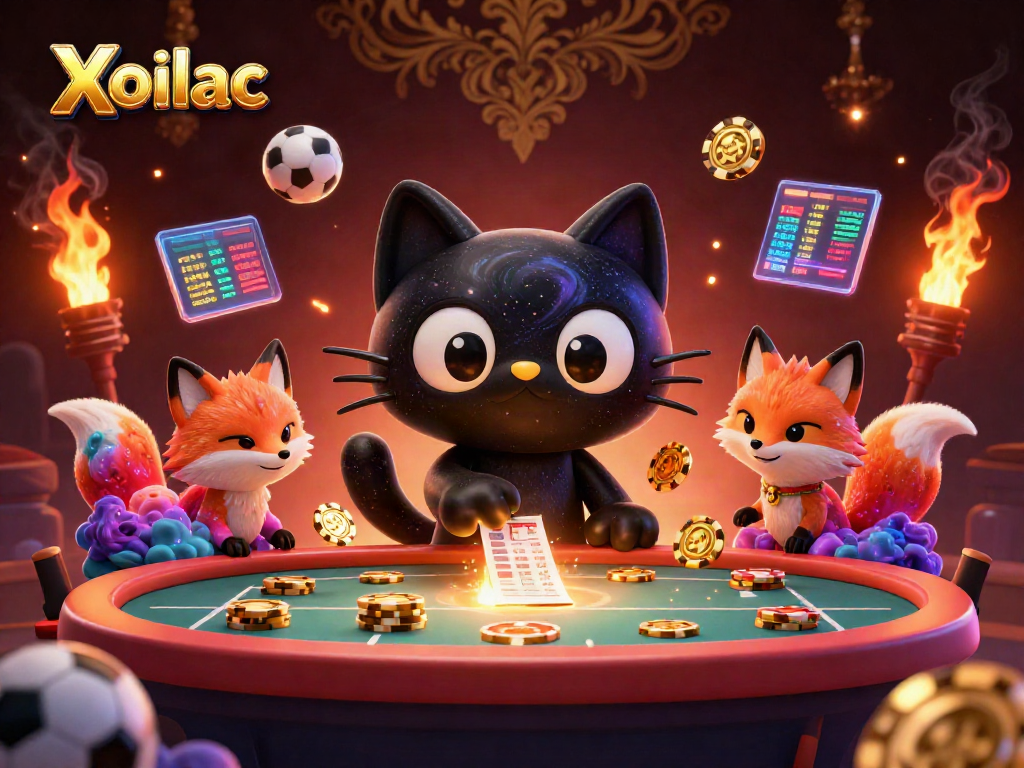 Xoilac creates an engaging sports betting atmosphere with a cosmic cat and fox, surrounded by betting slips and digital scores.