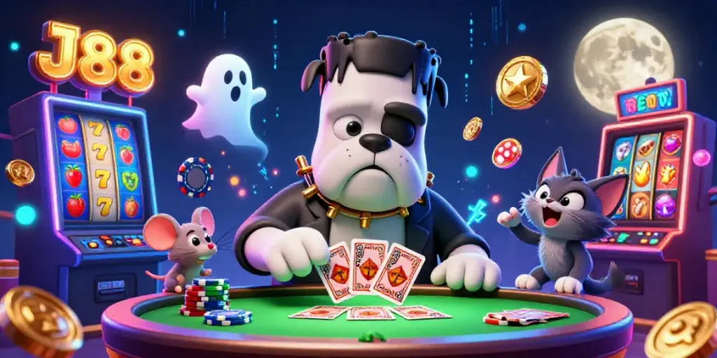 J88 brings vibrant slots and thrilling gameplay with a cartoon Frankenstein bulldog dealing cards at a spooky table, enhancing the casino atmosphere.