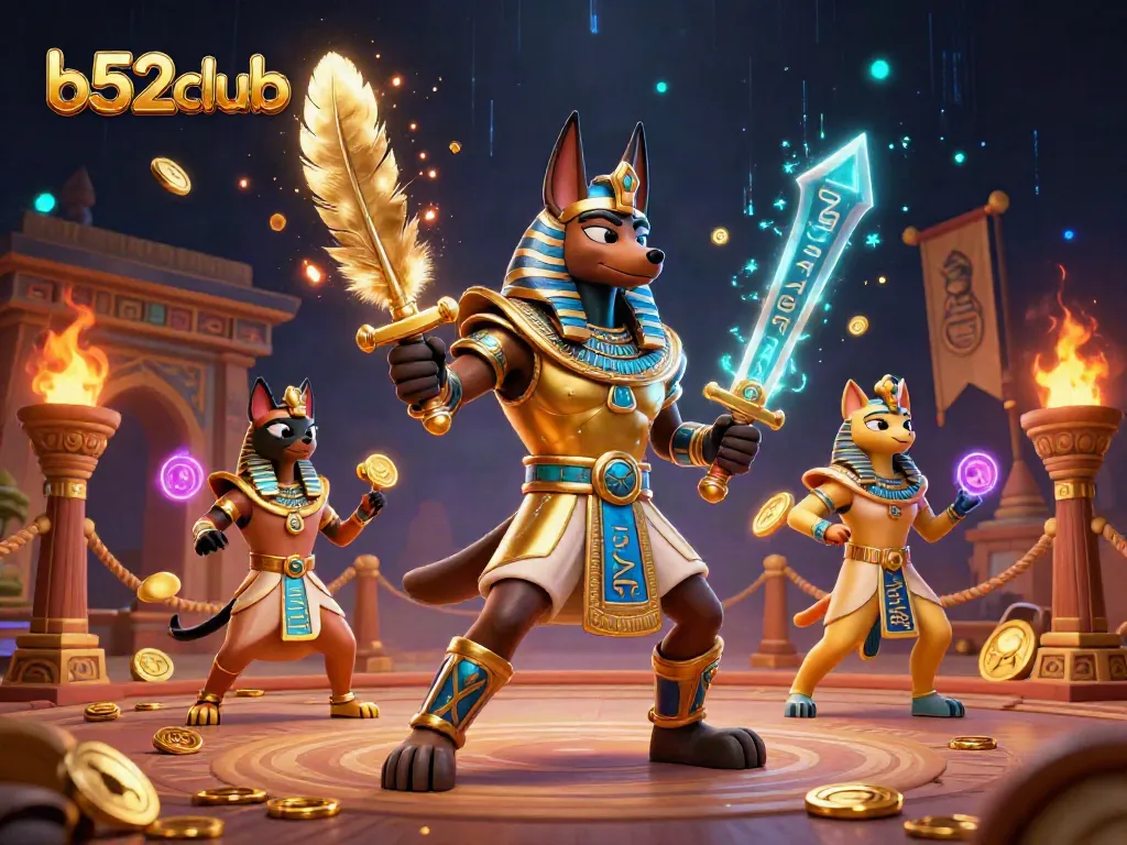 Battle with Anubis and Bastet in a vibrant b52club online casino scene amid floating gold and dynamic gaming elements.