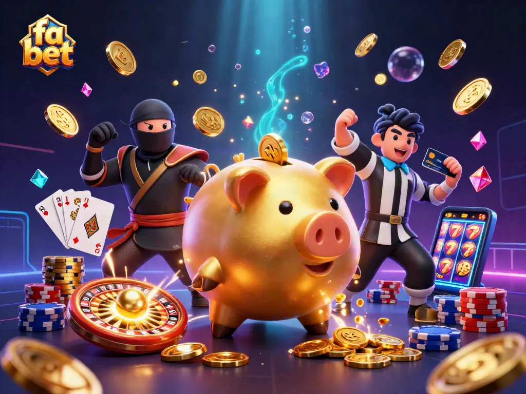 Win big with fa bet in this lively 3D illustration of a cartoon casino battle featuring unique characters.