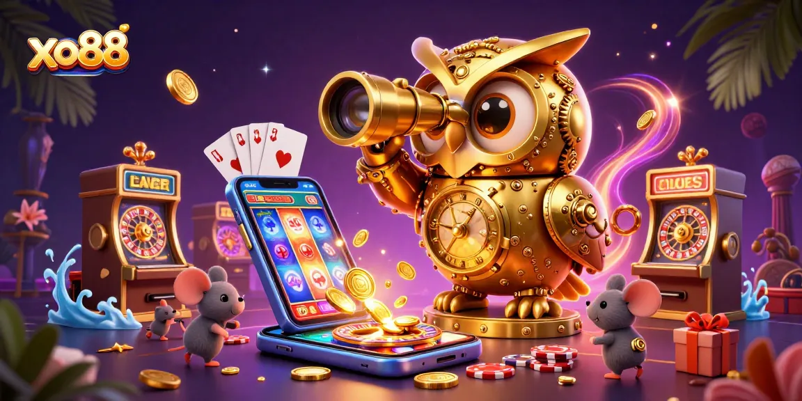 Experience the excitement of xo88 with a golden owl scanning a bustling casino filled with vibrant slot games.