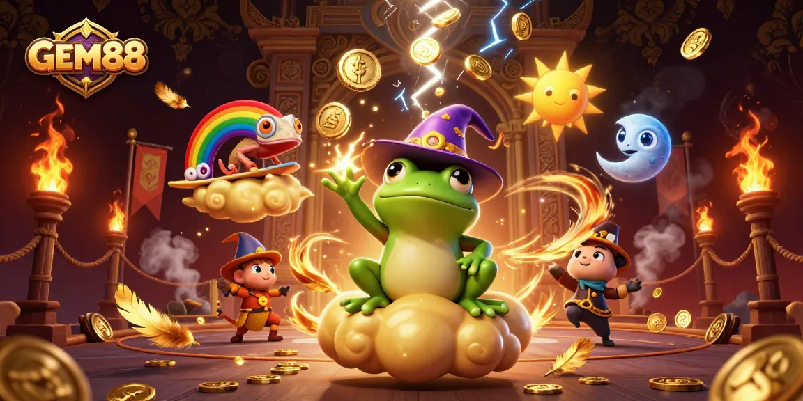 GEM88 offers dynamic gambling excitement with golden coins and spirited characters in a vibrant casino scene.