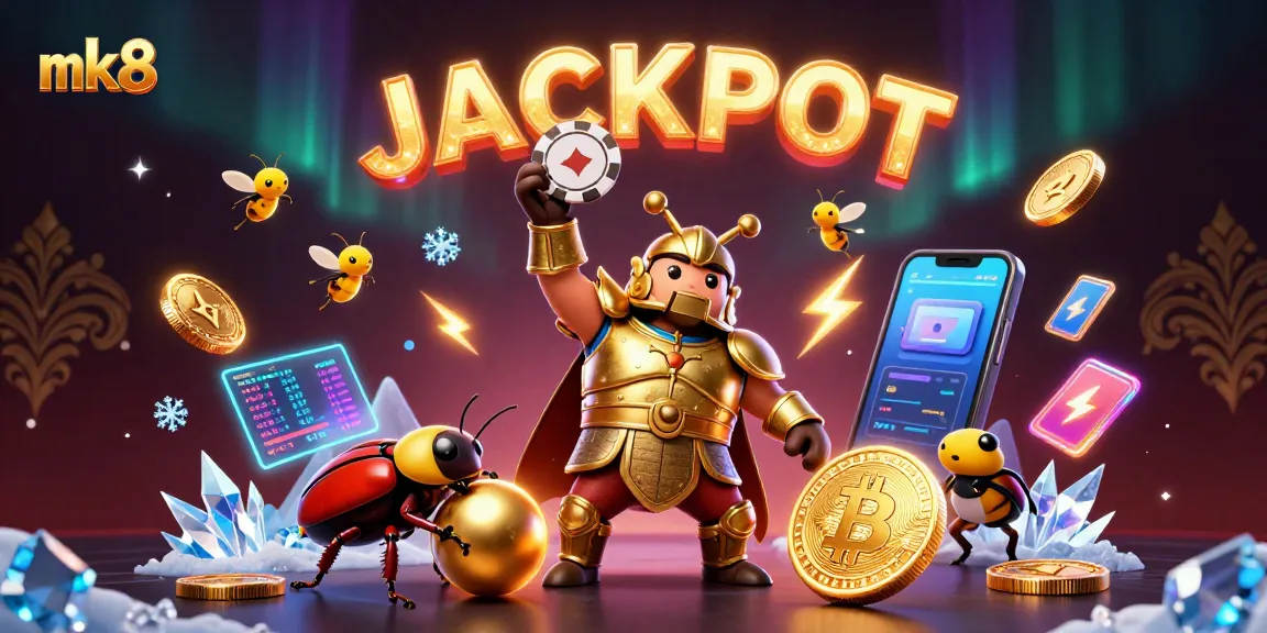 Experience thrilling gameplay at mk8 with a victorious beetle champion surrounded by crypto elements and excitement.