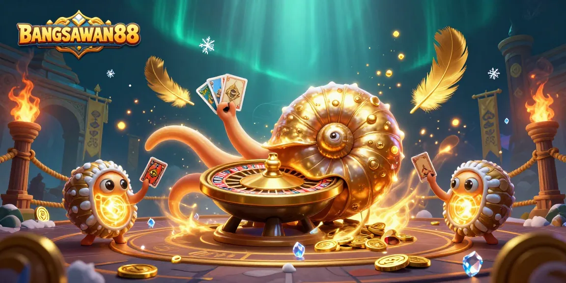 BANGSAWAN88 showcases a vibrant casino scene with a giant nautilus holding cards and golden features.