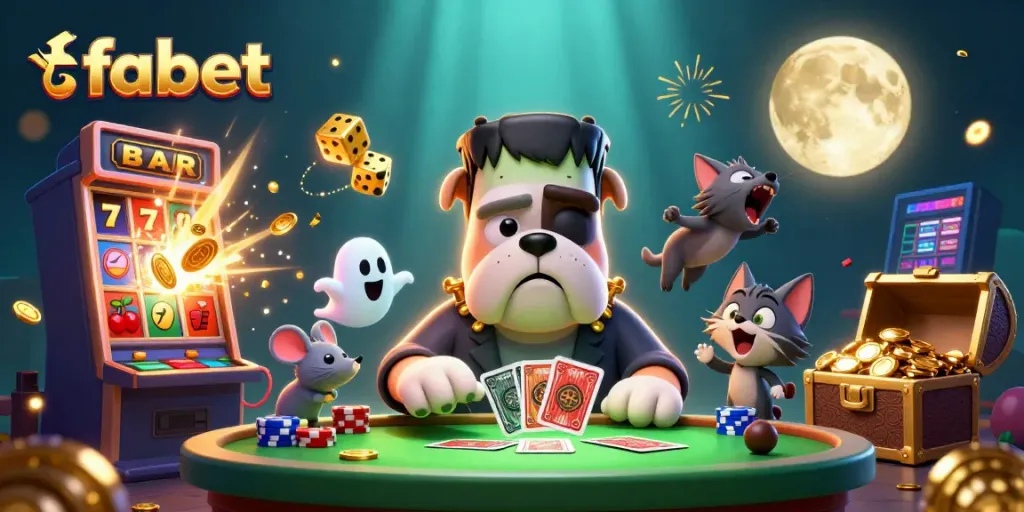 Fabet's lively 3D scene portrays an engaging casino atmosphere with characters and vibrant game elements.