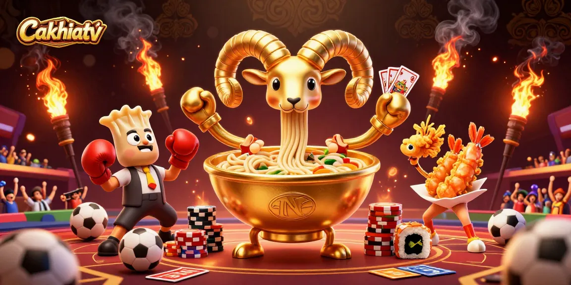 Cakhiatv features an animated giant ramen bowl character dealing cards in a vibrant sports betting scene.