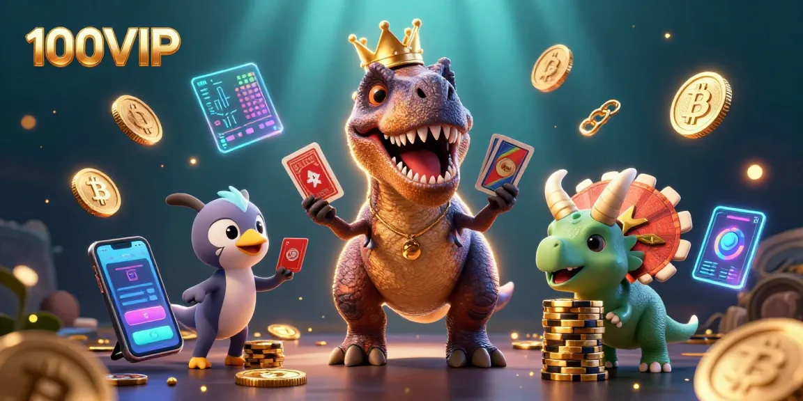 Enjoy the thrill of gambling with 100VIP's vibrant and engaging promotional scene featuring dinosaurs.