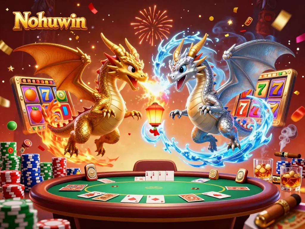 Nohuwin offers a vibrant casino experience with dragons amidst slot reels and gaming elements.