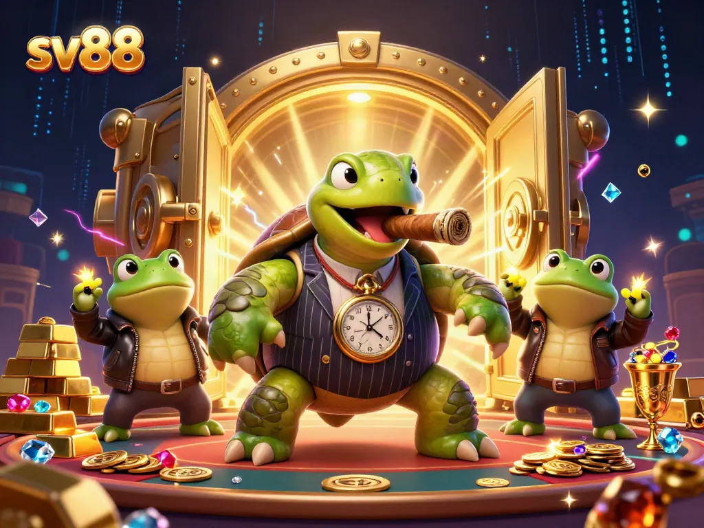 Savor big winnings at sv88 with a massive turtle mobster and bullfrog enforcers in a vibrant casino scene.