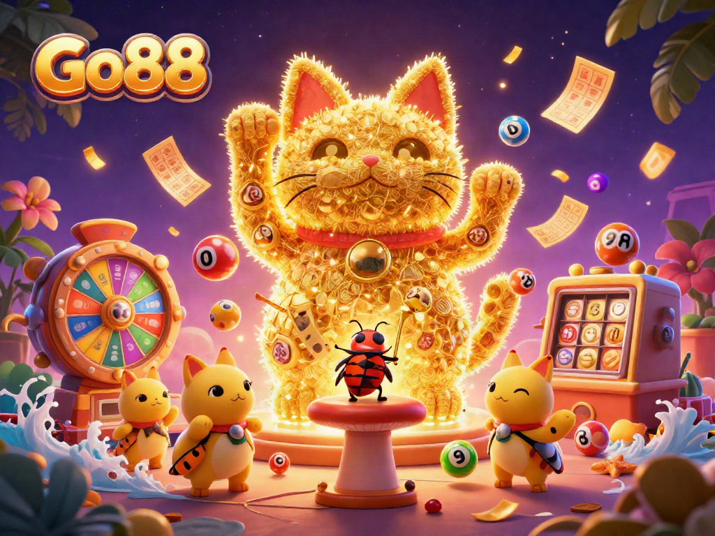 Play and win with Go88, where vibrant casino symbols and prizes burst into action!