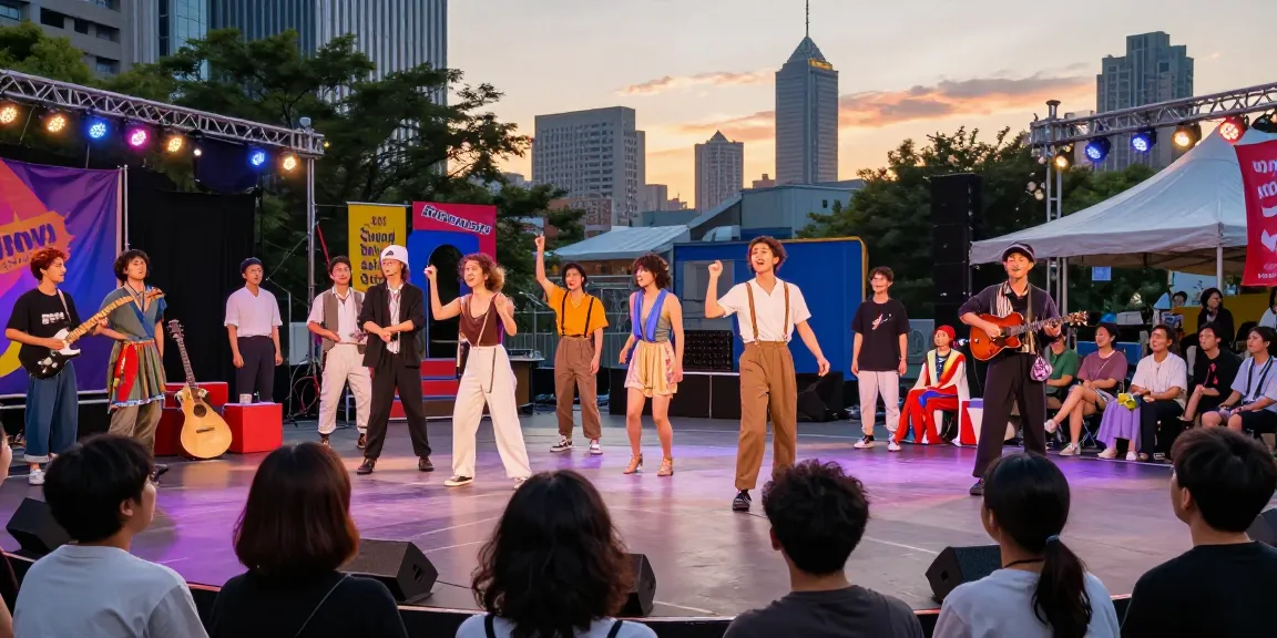 Exciting theatre rehearsal at sunset showcasing energetic performers and props, embodying the spirit of rokok88 in modern entertainment.