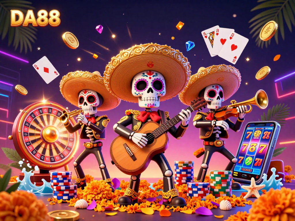 Experience the thrill of DA88 with skeleton mariachi musicians amidst luxurious casino elements.
