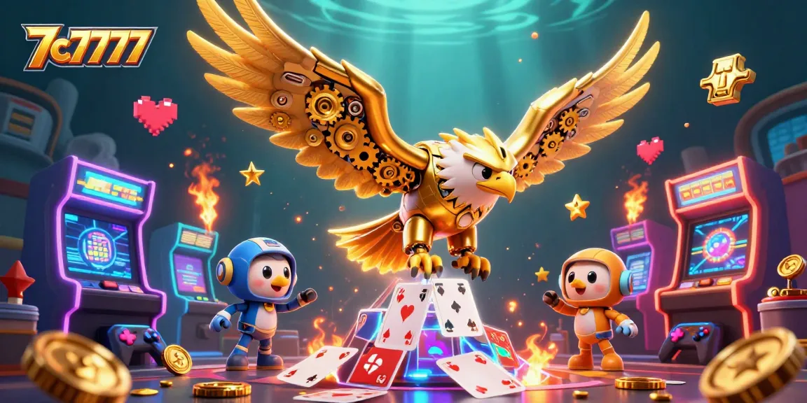 Experience the thrill at 7c7777 with a dynamic 3D casino illustration showcasing vibrant gambling elements.
