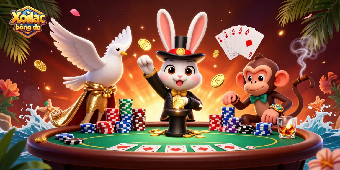 Xoilac bóng đá showcases a vibrant illustration of a magician rabbit producing coins, enhancing excitement for sports betting.