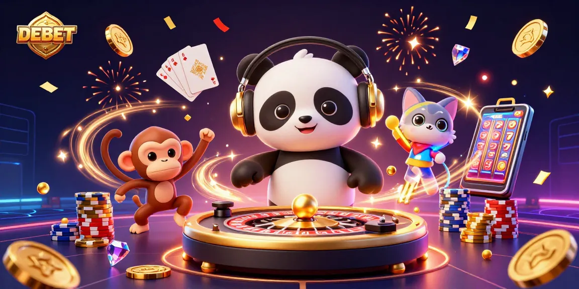 DEBET reveals a vibrant casino life with a DJ panda spinning roulette wheels amidst swirling coins and gems.