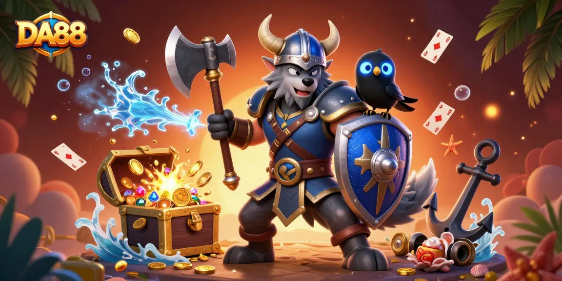 Engage with DA88's thrilling adventures featuring a dynamic Viking wolf, fierce dragon, and glowing elements in this vibrant casino scene.