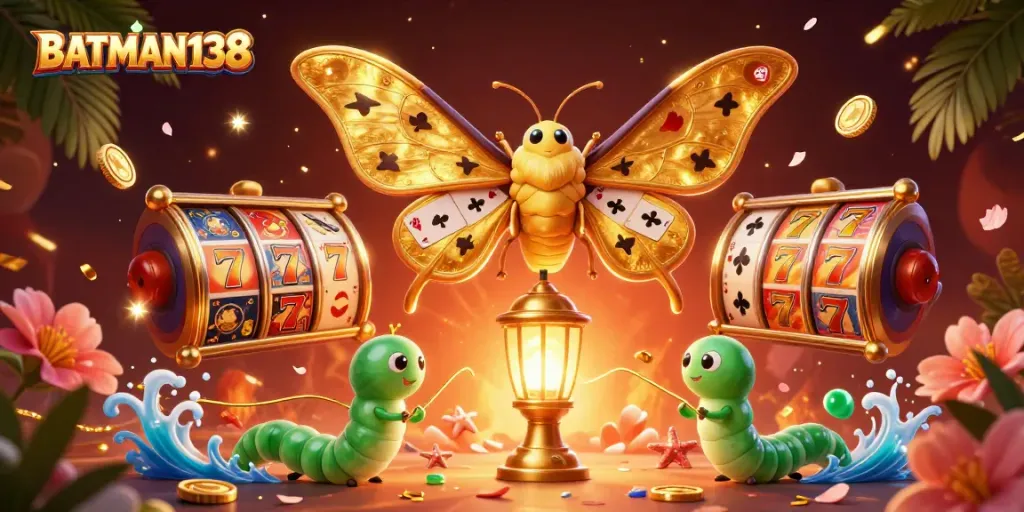Experience slots and jackpots with BATMAN138's enchanting golden moth and dynamic casino elements