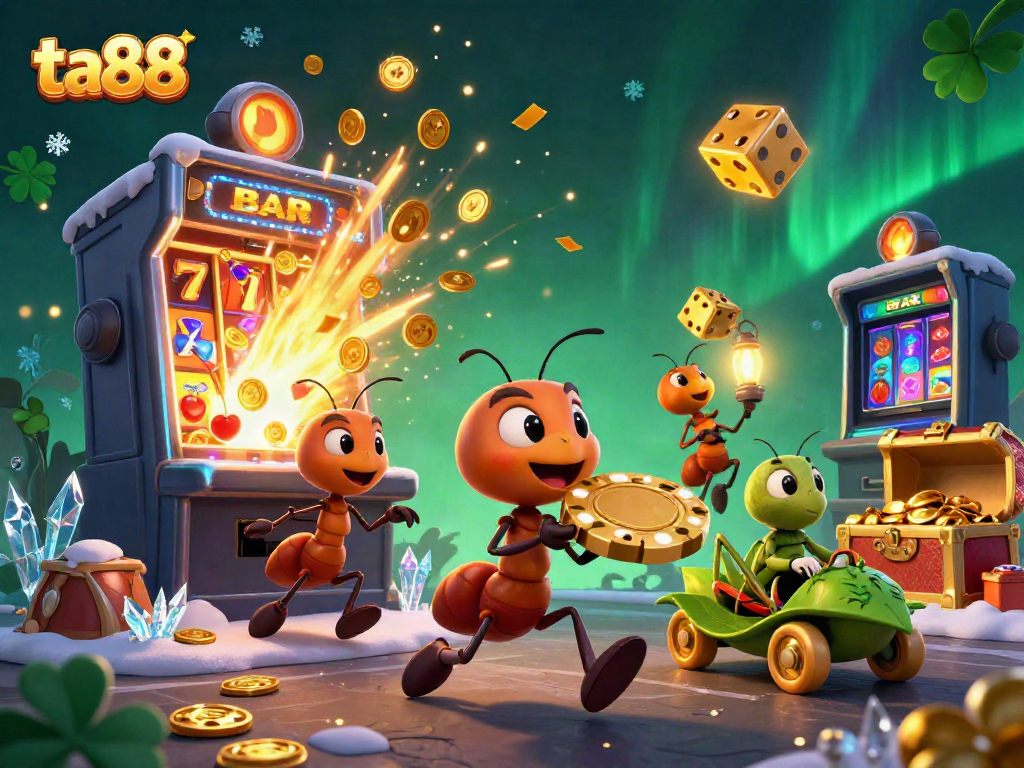 Ants heist at ta88: caught in a jackpot explosion with golden poker chip and dynamic casino elements.