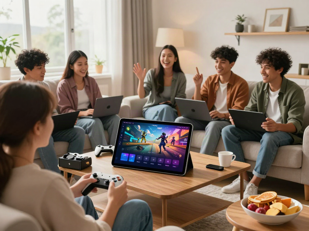 Nohuwin online gaming platform with friends in a modern living room.