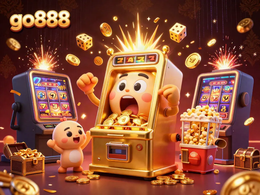 Experience excitement with go888's vibrant cartoon slot machine scene celebrating a jackpot with coins flying around.