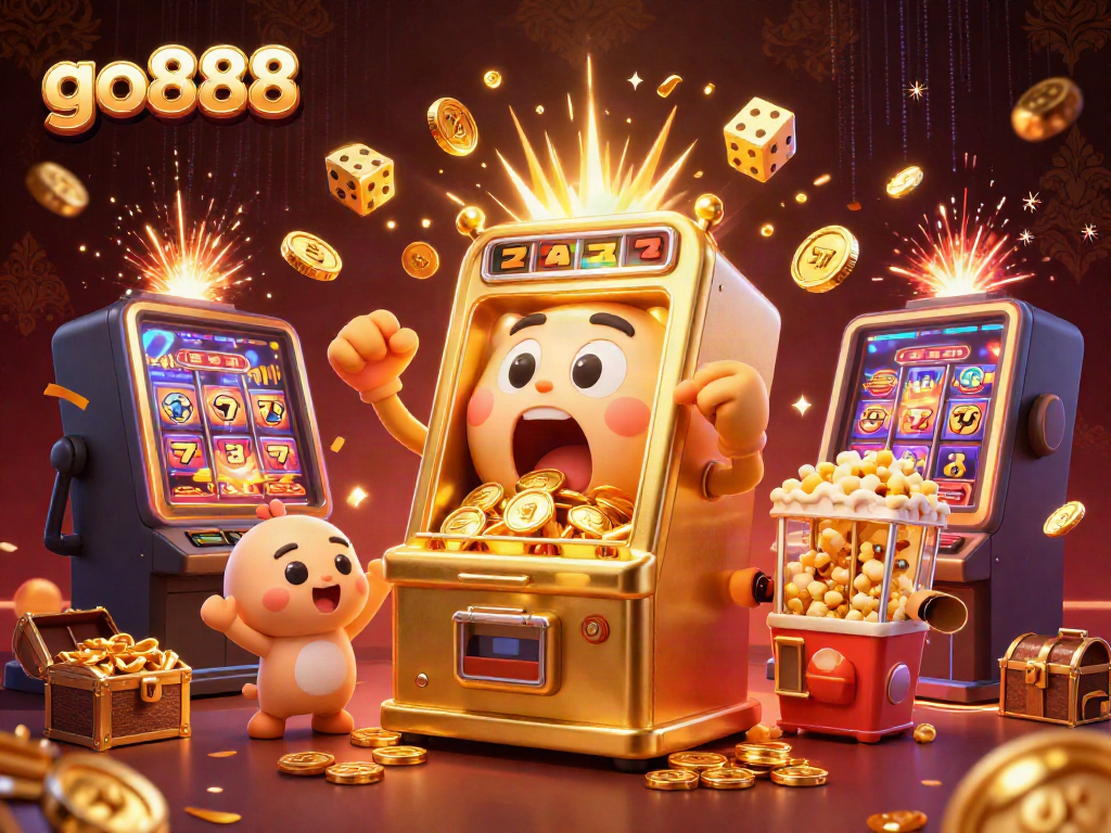 Experience excitement with go888's vibrant cartoon slot machine scene celebrating a jackpot with coins flying around.