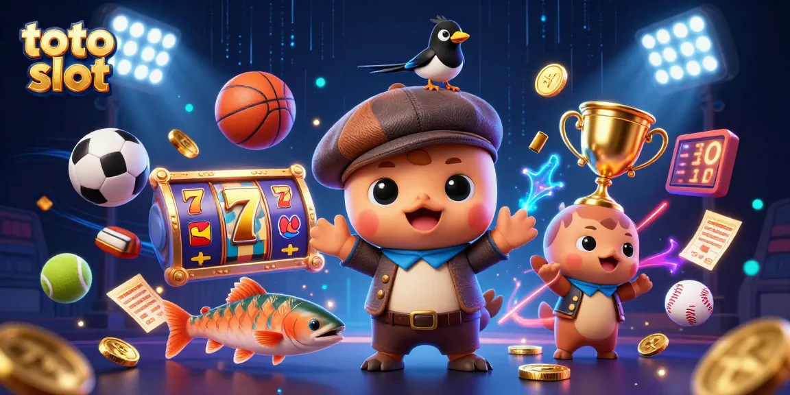 Join the fun with toto slot featuring a playful cartoon Nessie, magpie, and salmon, amidst vibrant casino elements.