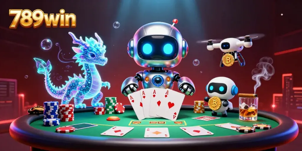 Engage in gambling with 789win's vibrant 3D cyberpunk scene filled with poker excitement.