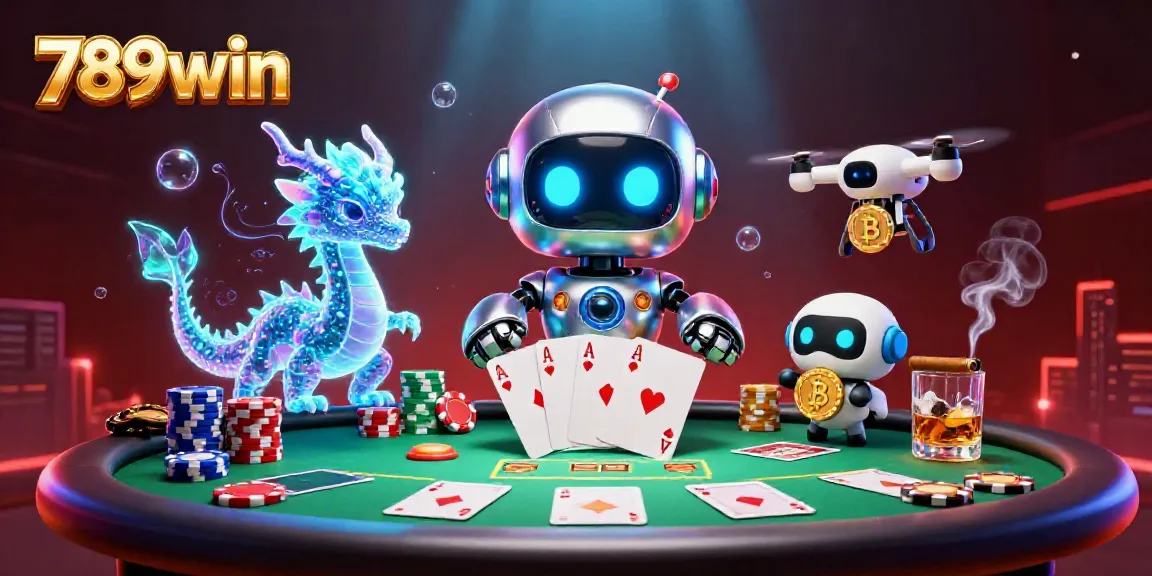 Engage in gambling with 789win's vibrant 3D cyberpunk scene filled with poker excitement.