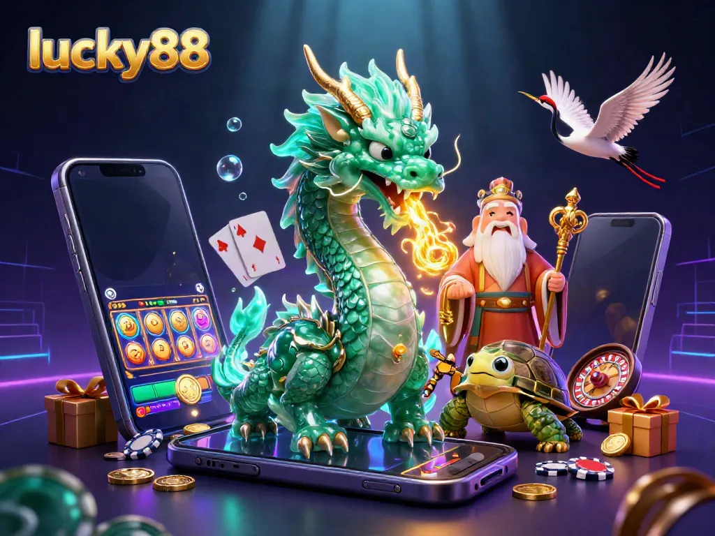 Engage in luck with lucky88 among 3D dragons, slot games, and festive elements.