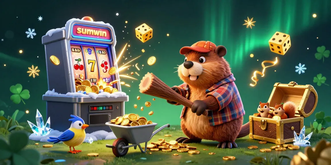 Experience the excitement of sumwin with a lively 3D scene celebrating online gambling and slots.
