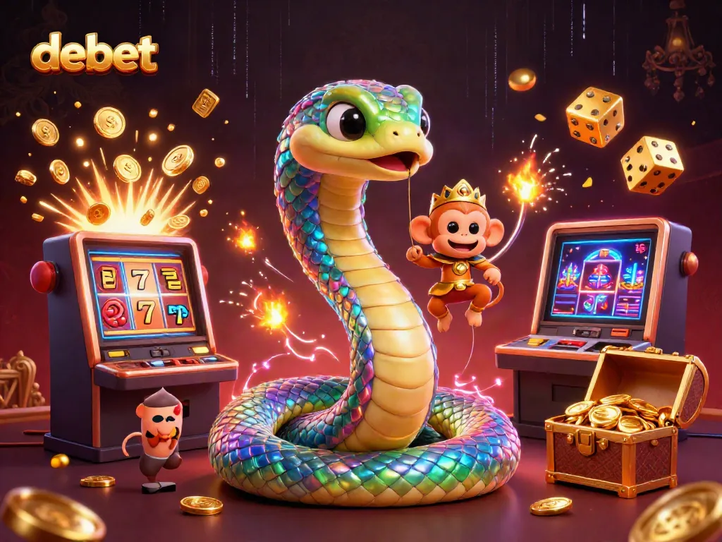 Experience the thrill of debet gaming with a vibrant 3D illustration featuring a colorful serpent and casino elements.