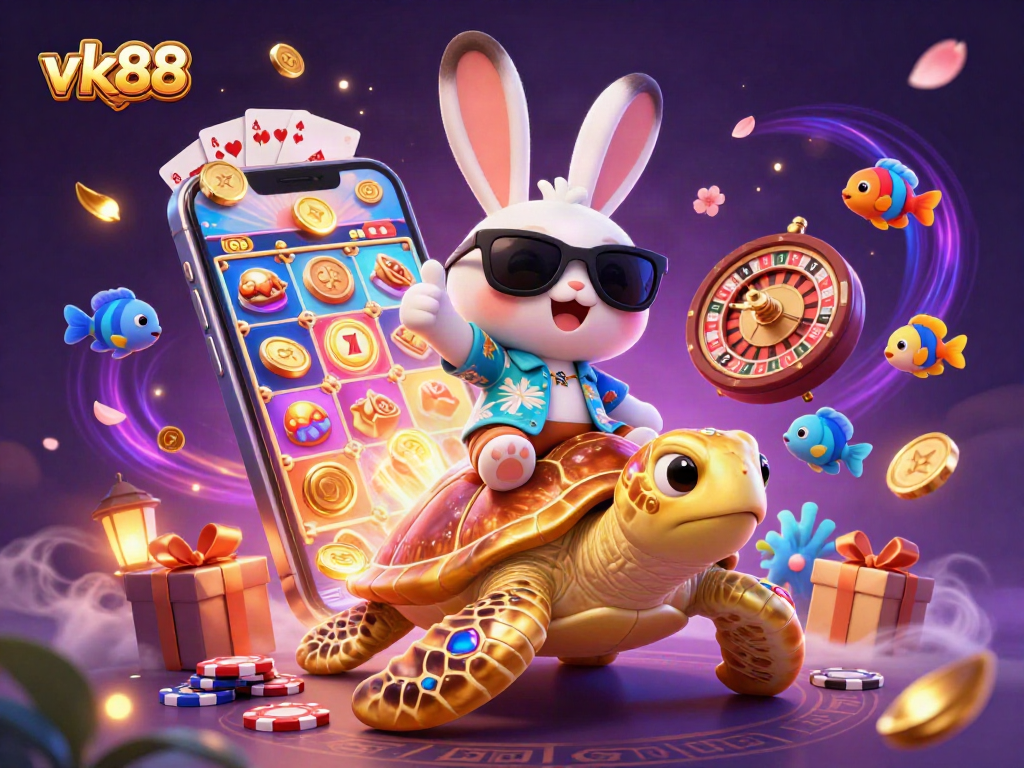Experience thrilling gaming moments with vk88's lucky rabbit and golden sea turtle illustration filled with casino excitement.