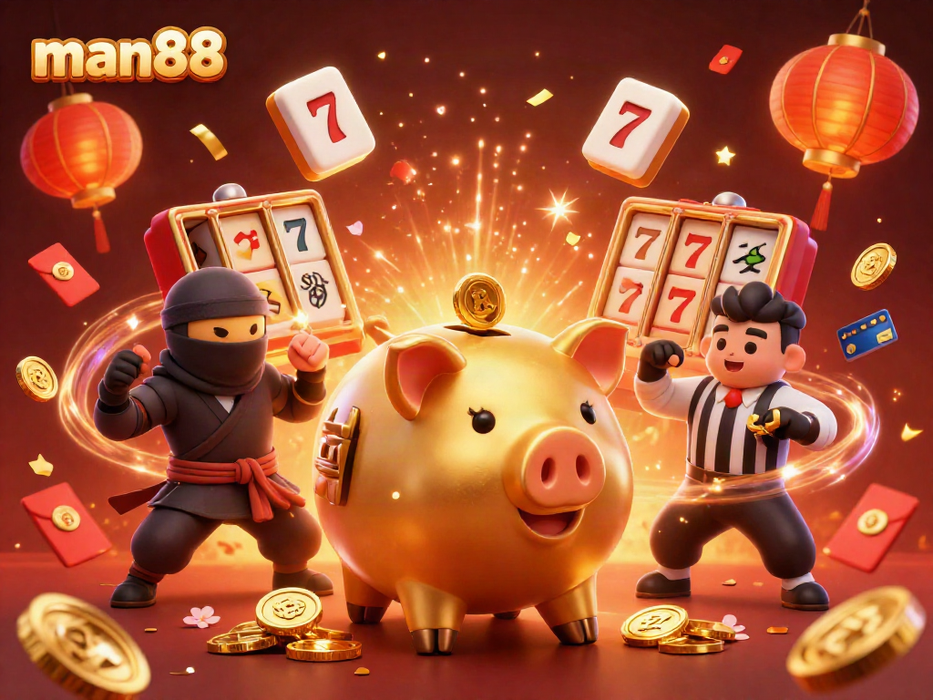 Engage with thrilling gaming excitement at man88, featuring dynamic characters and festive casino elements.