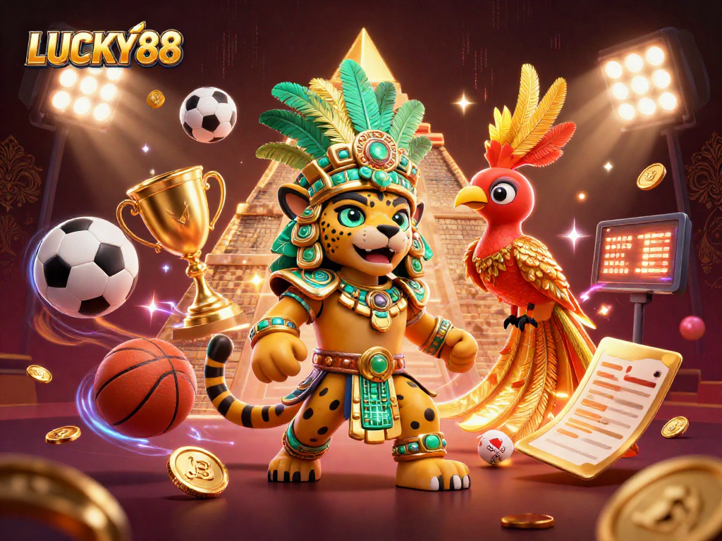 LUCKY88 engages bettors with its vibrant 3D casino illustration featuring dynamic game elements.