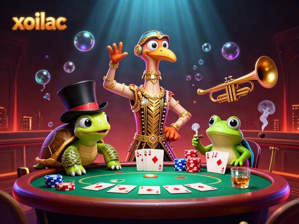 Engage in thrilling gameplay with Xoilac, featuring colorful poker elements in an animated casino scene.