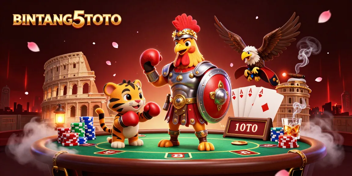 Experience thrilling gameplay with BINTANG5TOTO featuring a dynamic 3D scene of a gladiator rooster, poker elements, and high-energy atmosphere.