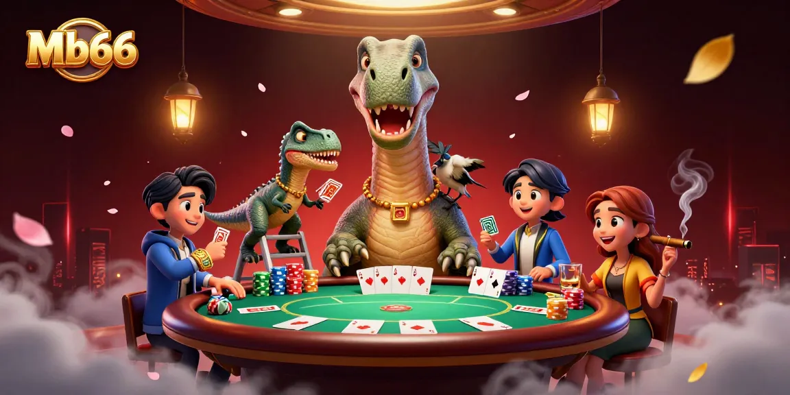 Mb66 showcases a massive brontosaurus in a casino, dealing cards with a clever raptor, filled with poker excitement.