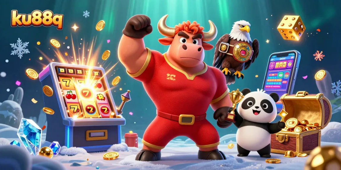 Engage in exciting jackpots with ku88q as the bull mascot celebrates wins surrounded by vibrant casino elements.