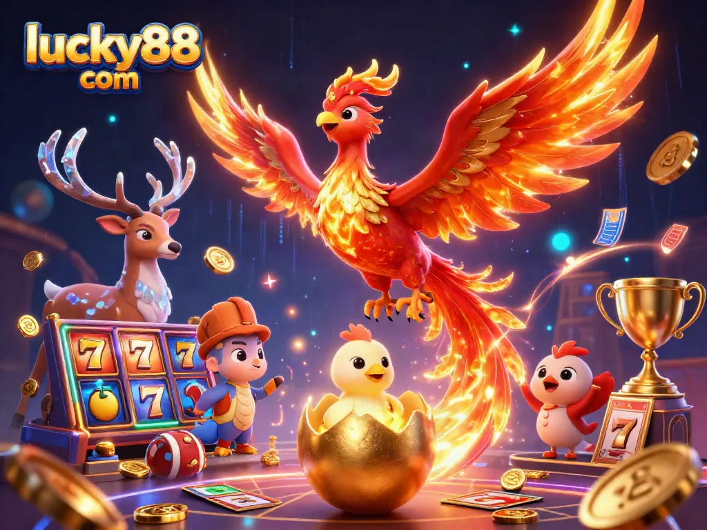 Experience gaming excitement with lucky88 com featuring vibrant 3D characters and casino elements.
