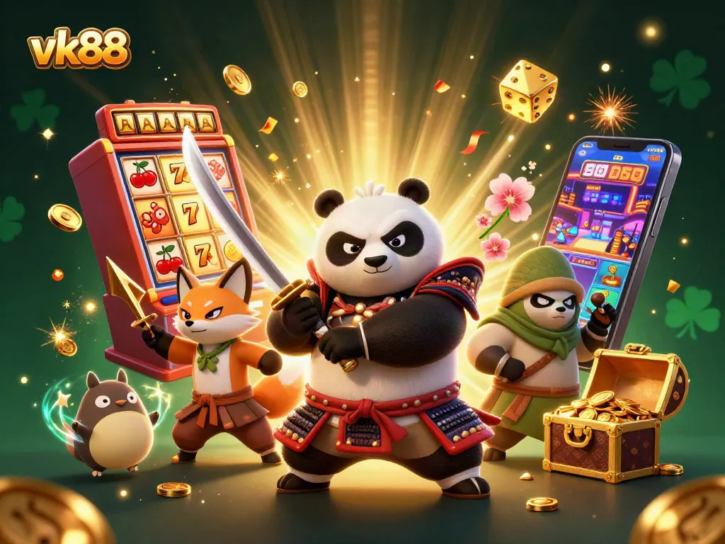 Experience vk88's vibrant casino world with dynamic samurai panda and ninja fox.