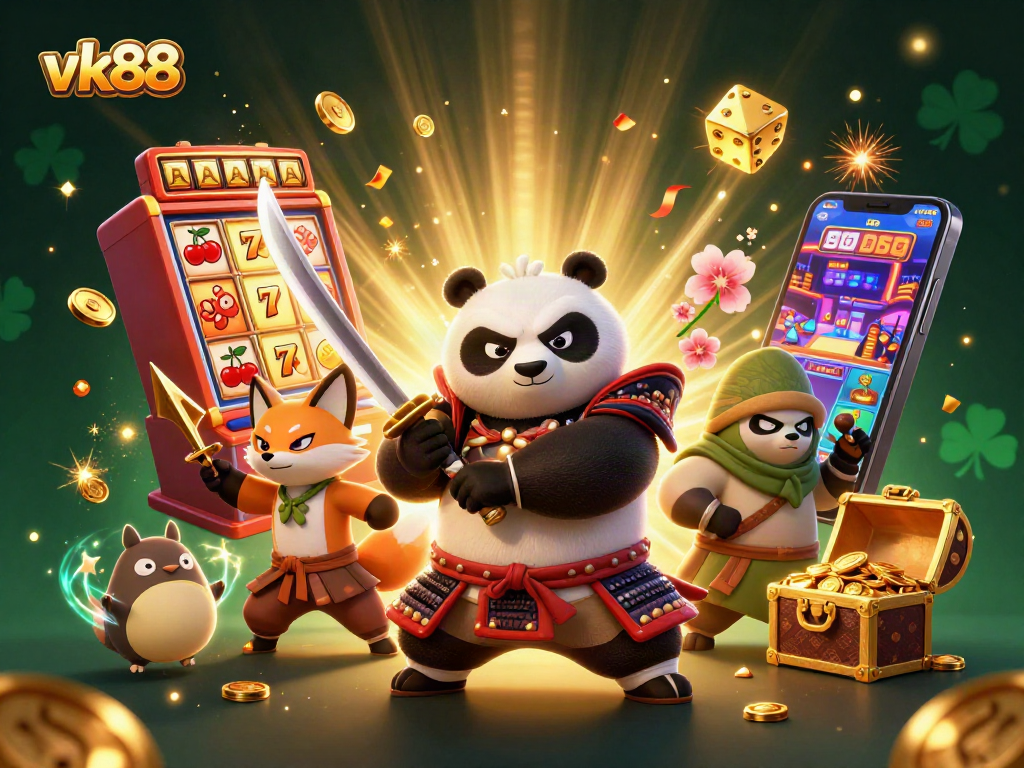 Experience vk88's vibrant casino world with dynamic samurai panda and ninja fox.