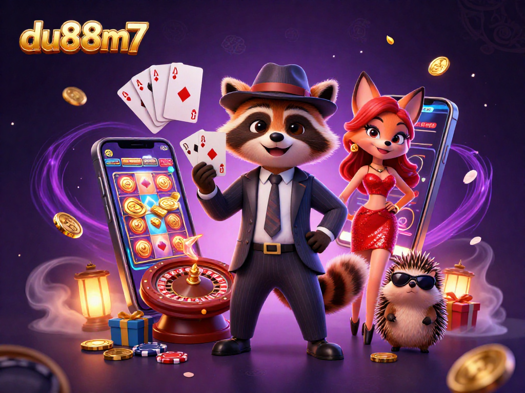 Engage with du88m7 at an animated casino with raccoon, fox, and hedgehog characters showcasing exciting games.
