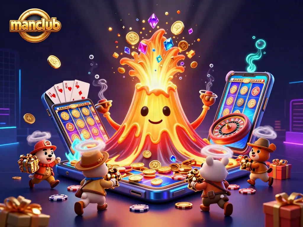 manclub celebrates winnings with a golden volcano erupting coins and gems in a vibrant casino scene