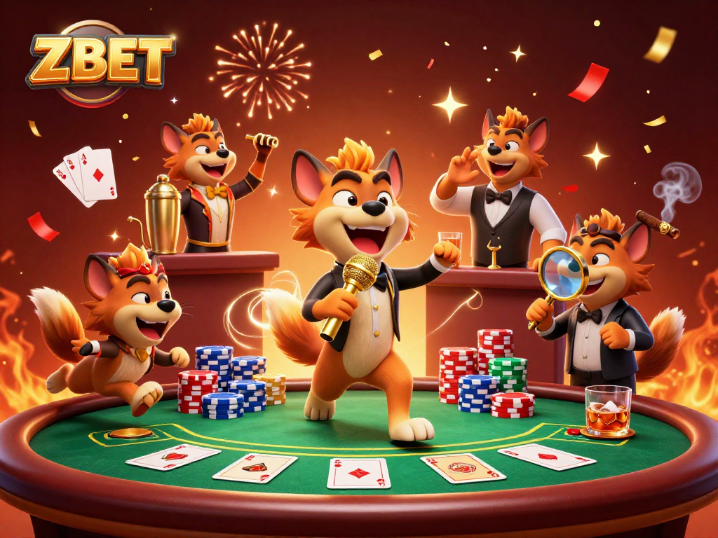 ZBET gaming hyenas in a vibrant 3D casino scene, bringing laughter and action.