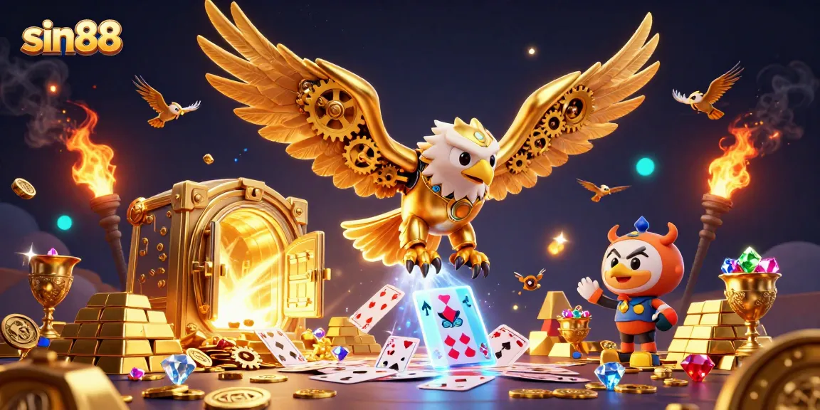 Experience excitement with sin88 as a golden eagle dives through holographic cards in this vibrant 3D scene.